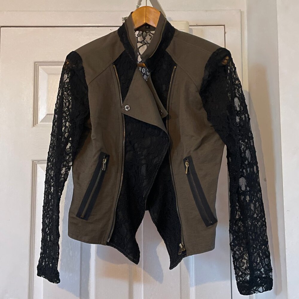 Designs by SAD Boutique Handmade Black Lace Sleeve Khaki Biker Jacket Size 10